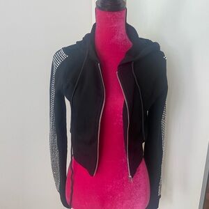 Danielle Guizio black cropped embellished zip sweatshirt small
